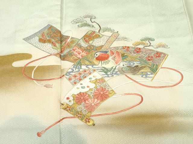平和屋着物■訪問着　総刺繍　巻絵地紙鴛鴦花文　暈し染め　正絹　逸品　CABN1525ev