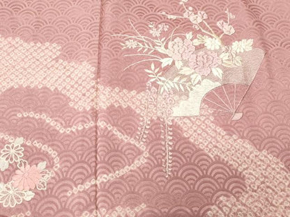 平和屋着物■訪問着　刺繍　絞り　扇面草花文　正絹　逸品　CABN1545ev