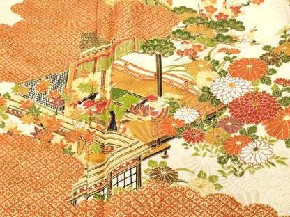平和屋着物■上質な小紋　松竹梅人物風景文　金彩　金通し地　正絹　逸品　CABN1628ev