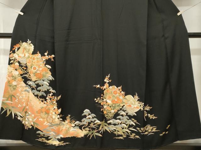 平和屋着物■豪華黒留袖　駒刺繍　誰が袖　松竹梅花車文　暈し染め　金彩　正絹　逸品　CABN1630ev
