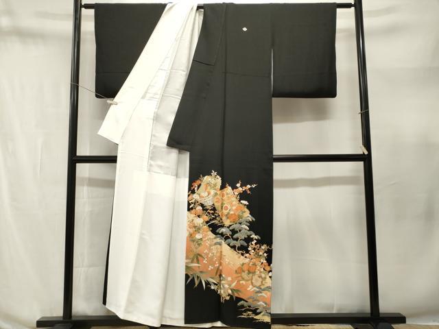 平和屋着物■豪華黒留袖　駒刺繍　誰が袖　松竹梅花車文　暈し染め　金彩　正絹　逸品　CABN1630ev