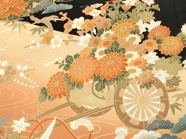 平和屋着物■豪華黒留袖　駒刺繍　誰が袖　松竹梅花車文　暈し染め　金彩　正絹　逸品　CABN1630ev