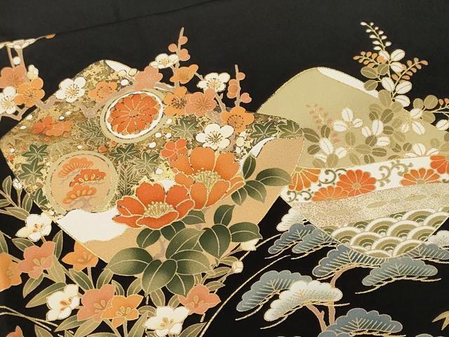 平和屋着物■豪華黒留袖　駒刺繍　誰が袖　松竹梅花車文　暈し染め　金彩　正絹　逸品　CABN1630ev