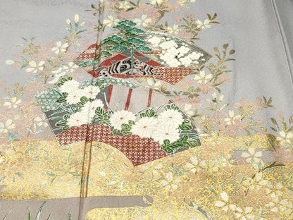平和屋着物■訪問着　地紙飛鶴御所車花文　暈し染め　金銀彩　正絹　逸品　未使用　CABN1663ev