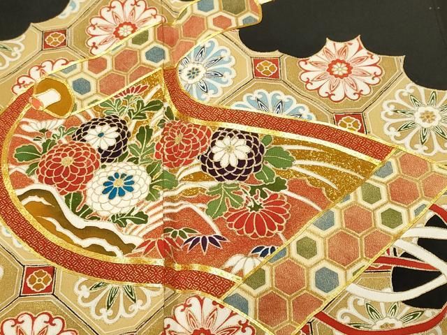 平和屋着物■豪華黒留袖　駒刺繍　絵巻天井花文　金彩　正絹　逸品　CABN1783ev