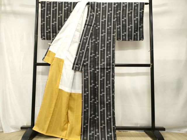 平和屋着物■小紋　琉球絣文様　黒地　洗える着物　CABN1824ev