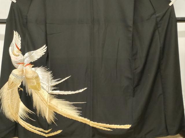 平和屋着物■黒留袖　総刺繍　尾長鳥　金銀糸　洗える着物　CABN1846ev