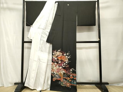 平和屋着物■豪華黒留袖　仕覆　屏風花鳥文　十二単　金銀彩　正絹　逸品　CABN1879ev