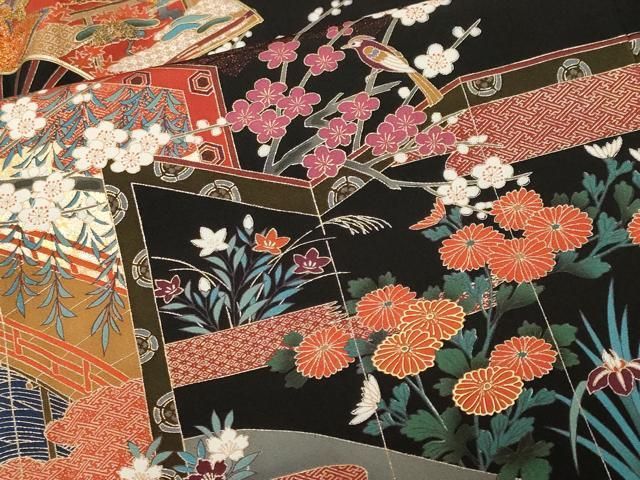 平和屋着物■豪華黒留袖　仕覆　屏風花鳥文　十二単　金銀彩　正絹　逸品　CABN1879ev