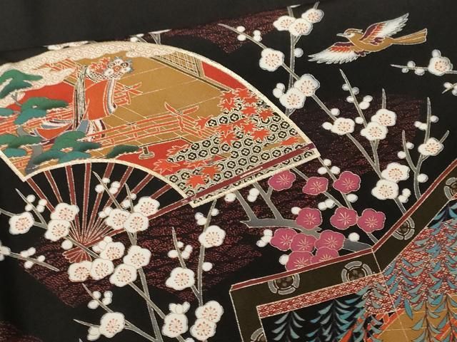 平和屋着物■豪華黒留袖　仕覆　屏風花鳥文　十二単　金銀彩　正絹　逸品　CABN1879ev