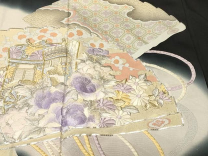 平和屋着物■豪華黒留袖　駒刺繍　檜扇蜀江御所車花文　暈し染め　金銀彩　正絹　逸品　CABN1884ev