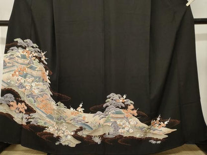 平和屋着物■豪華黒留袖　駒刺繍　松竹梅風景文　正絹　逸品　CABN1920ev
