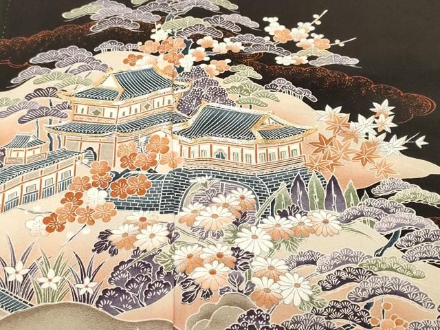 平和屋着物■豪華黒留袖　駒刺繍　松竹梅風景文　正絹　逸品　CABN1920ev