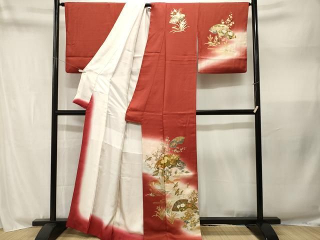 平和屋着物■訪問着　地紙重ね流水飛鶴枝花文　暈し染め　金彩　正絹　逸品　CABN1957ev