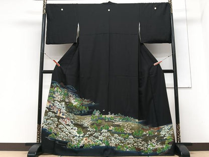 平和屋着物■豪華黒留袖　渡り橋人物風景文　暈し染め　金彩　正絹　逸品　CABN2010xe