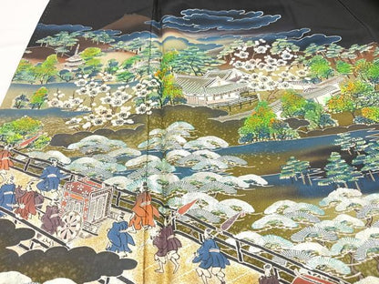 平和屋着物■豪華黒留袖　渡り橋人物風景文　暈し染め　金彩　正絹　逸品　CABN2010xe