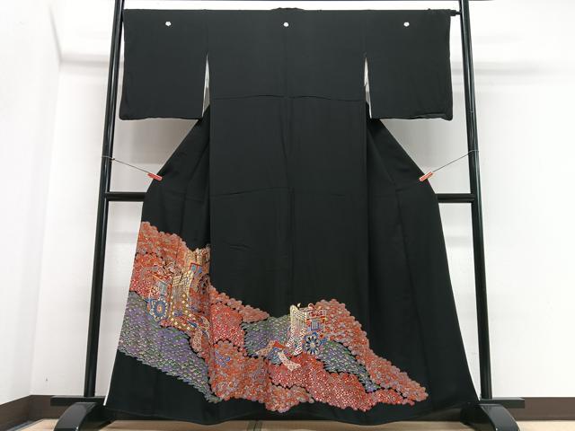 平和屋着物■豪華黒留袖　駒刺繍　御所車花文　金彩　正絹　逸品　CABN2013xe