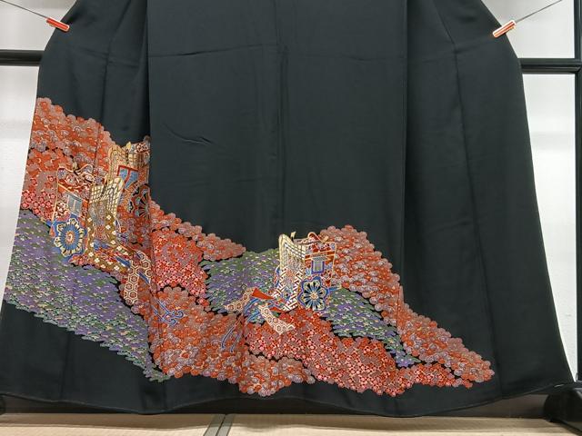 平和屋着物■豪華黒留袖　駒刺繍　御所車花文　金彩　正絹　逸品　CABN2013xe