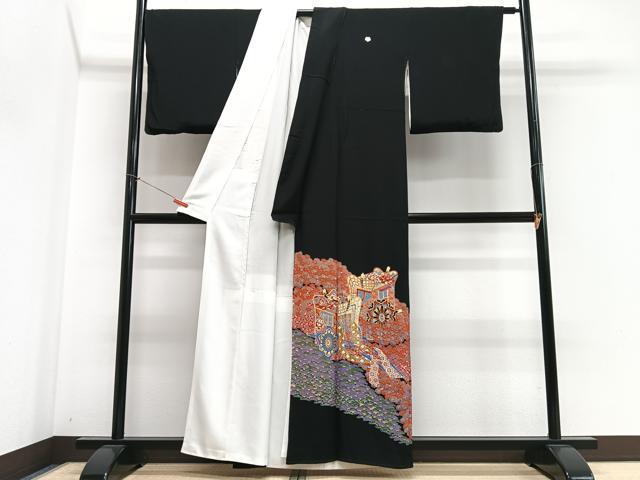 平和屋着物■豪華黒留袖　駒刺繍　御所車花文　金彩　正絹　逸品　CABN2013xe