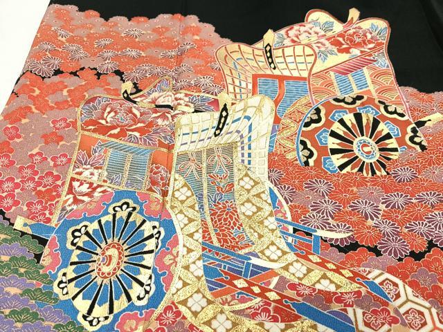 平和屋着物■豪華黒留袖　駒刺繍　御所車花文　金彩　正絹　逸品　CABN2013xe