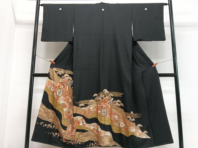 平和屋着物■豪華黒留袖　駒刺繍　御所車花文　金彩　正絹　逸品　CABN2023xe