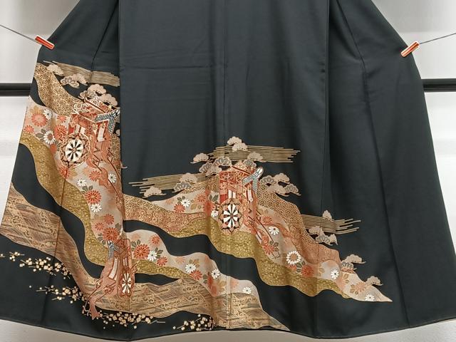 平和屋着物■豪華黒留袖　駒刺繍　御所車花文　金彩　正絹　逸品　CABN2023xe