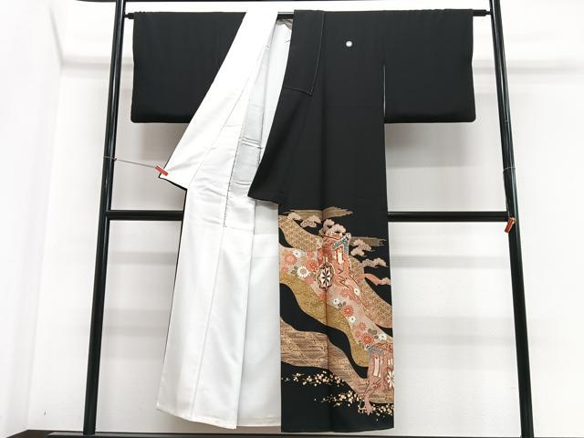 平和屋着物■豪華黒留袖　駒刺繍　御所車花文　金彩　正絹　逸品　CABN2023xe