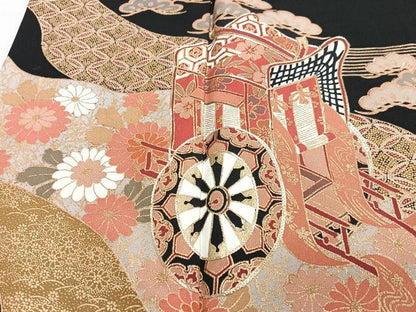 平和屋着物■豪華黒留袖　駒刺繍　御所車花文　金彩　正絹　逸品　CABN2023xe