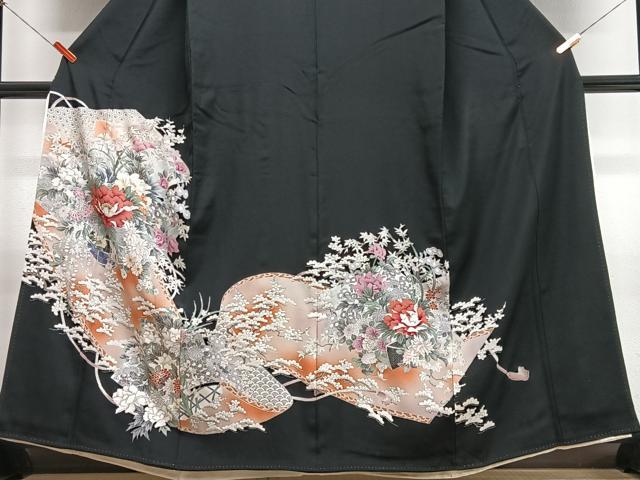 平和屋着物■豪華黒留袖　花籠文　暈し染め　金銀彩　正絹　逸品　CABN2024xe