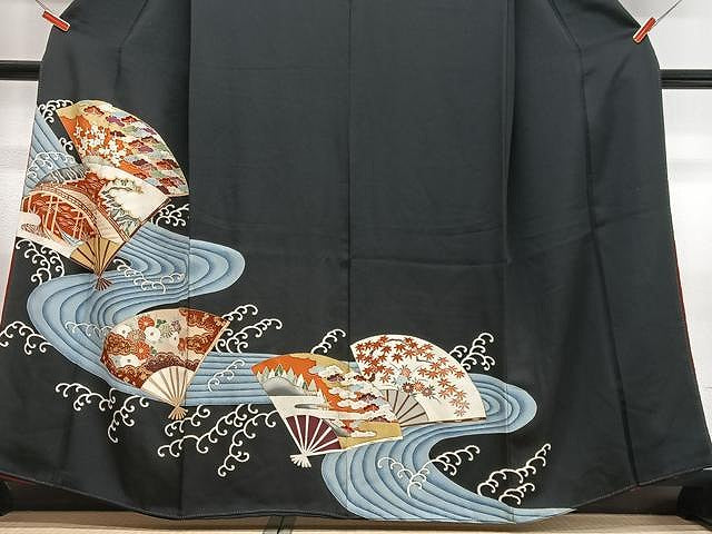 平和屋着物■豪華黒留袖　刺繍　流水扇面花文　金彩　正絹　逸品　CABN2030xe