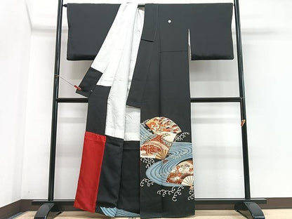 平和屋着物■豪華黒留袖　刺繍　流水扇面花文　金彩　正絹　逸品　CABN2030xe