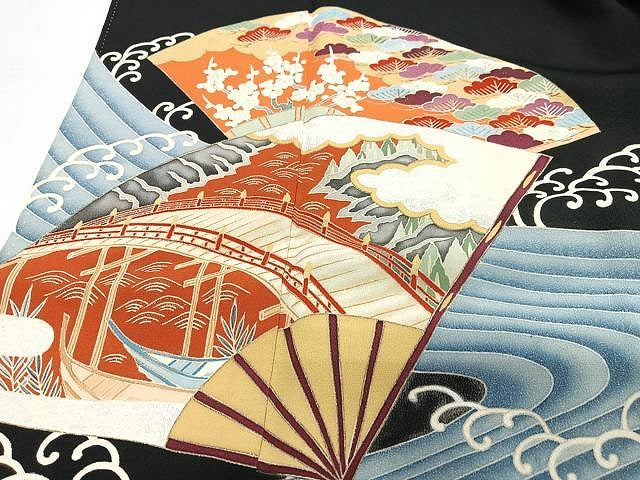 平和屋着物■豪華黒留袖　刺繍　流水扇面花文　金彩　正絹　逸品　CABN2030xe