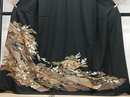 平和屋着物■豪華黒留袖　扇面立波花文　金彩　正絹　逸品　CABN2060xe
