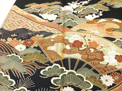 平和屋着物■豪華黒留袖　扇面立波花文　金彩　正絹　逸品　CABN2060xe