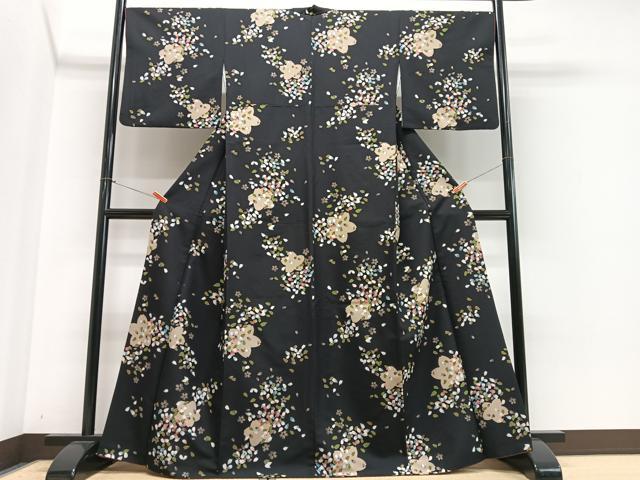 平和屋着物■小紋　舞桜文　黒地　洗える着物　CABN2064xe