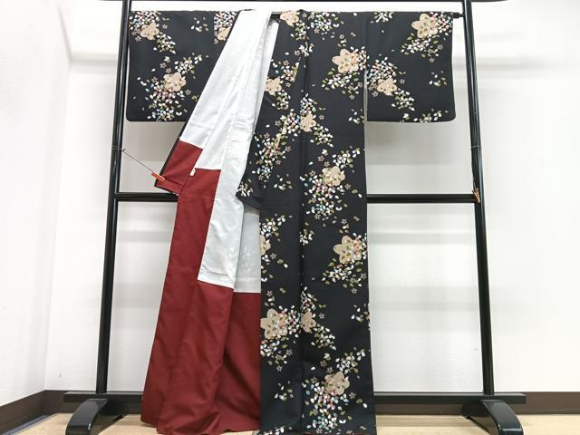 平和屋着物■小紋　舞桜文　黒地　洗える着物　CABN2064xe