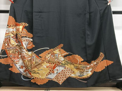平和屋着物■豪華黒留袖　御所車吉祥花文　十二単　金彩　正絹　逸品　CABN2081xe