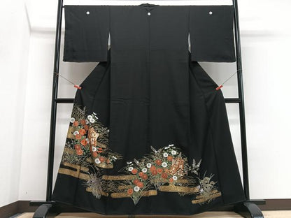 平和屋着物■豪華黒留袖　駒刺繍　御所車草花文　金彩　正絹　逸品　CABN2086xe