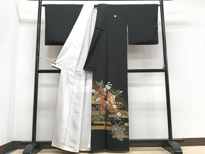 平和屋着物■豪華黒留袖　駒刺繍　御所車草花文　金彩　正絹　逸品　CABN2086xe