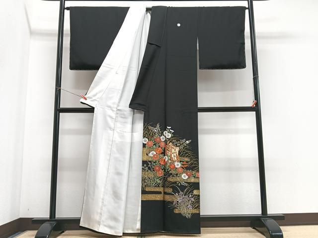 平和屋着物■豪華黒留袖　駒刺繍　御所車草花文　金彩　正絹　逸品　CABN2086xe