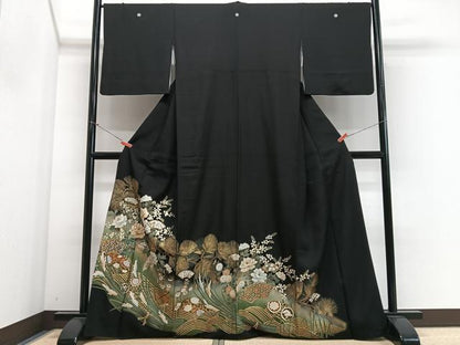 平和屋着物■豪華黒留袖　駒刺繍　地紙立波花文　暈し染め　金彩　正絹　逸品　CABN2143xe