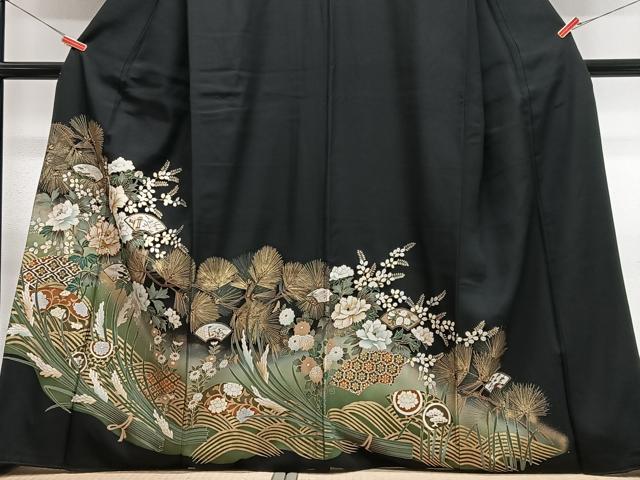 平和屋着物■豪華黒留袖　駒刺繍　地紙立波花文　暈し染め　金彩　正絹　逸品　CABN2143xe