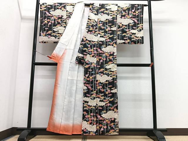 平和屋着物■上質な小紋　絞り　松竹梅　黒地　正絹　逸品　CABN2147xe