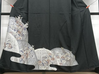 平和屋着物■豪華黒留袖　刺繍　草花文　金銀糸　正絹　逸品　CABN2159xe