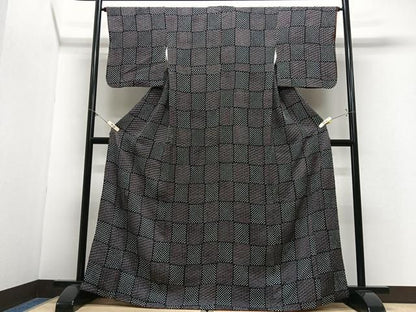 平和屋着物■上質な小紋　絞り　市松麻の葉文様　黒地　正絹　逸品　CABN2193xe