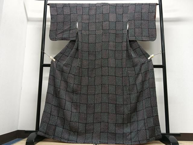 平和屋着物■上質な小紋　絞り　市松麻の葉文様　黒地　正絹　逸品　CABN2193xe