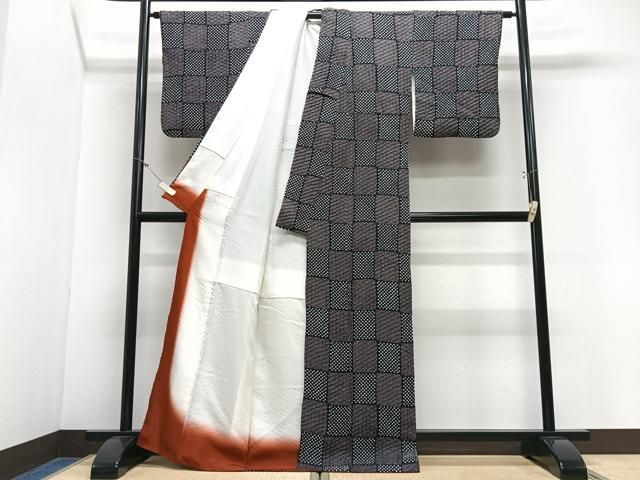 平和屋着物■上質な小紋　絞り　市松麻の葉文様　黒地　正絹　逸品　CABN2193xe