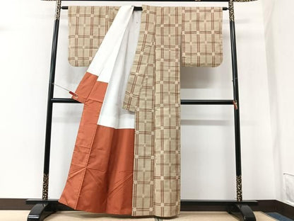 平和屋着物■上質な紬　格子柄　三越扱い　正絹　逸品　CABN2216xe