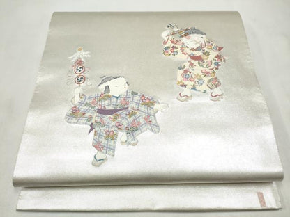 平和屋着物●加賀友禅の巨匠　初代　由水十久　西陣　長嶋成織物　ながしま帯　太鼓柄袋帯　童子遊び譜　瀞銀錦　正絹　逸品　CABN2402hy