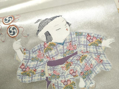 平和屋着物●加賀友禅の巨匠　初代　由水十久　西陣　長嶋成織物　ながしま帯　太鼓柄袋帯　童子遊び譜　瀞銀錦　正絹　逸品　CABN2402hy